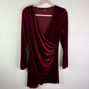 Red Velvet V Neck Long Sleeve Ruched Bodycon Mini Dress‎ XL 12